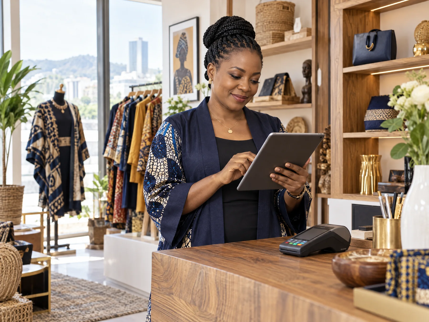 Nigerian business owner reviewing business payments at her boutique