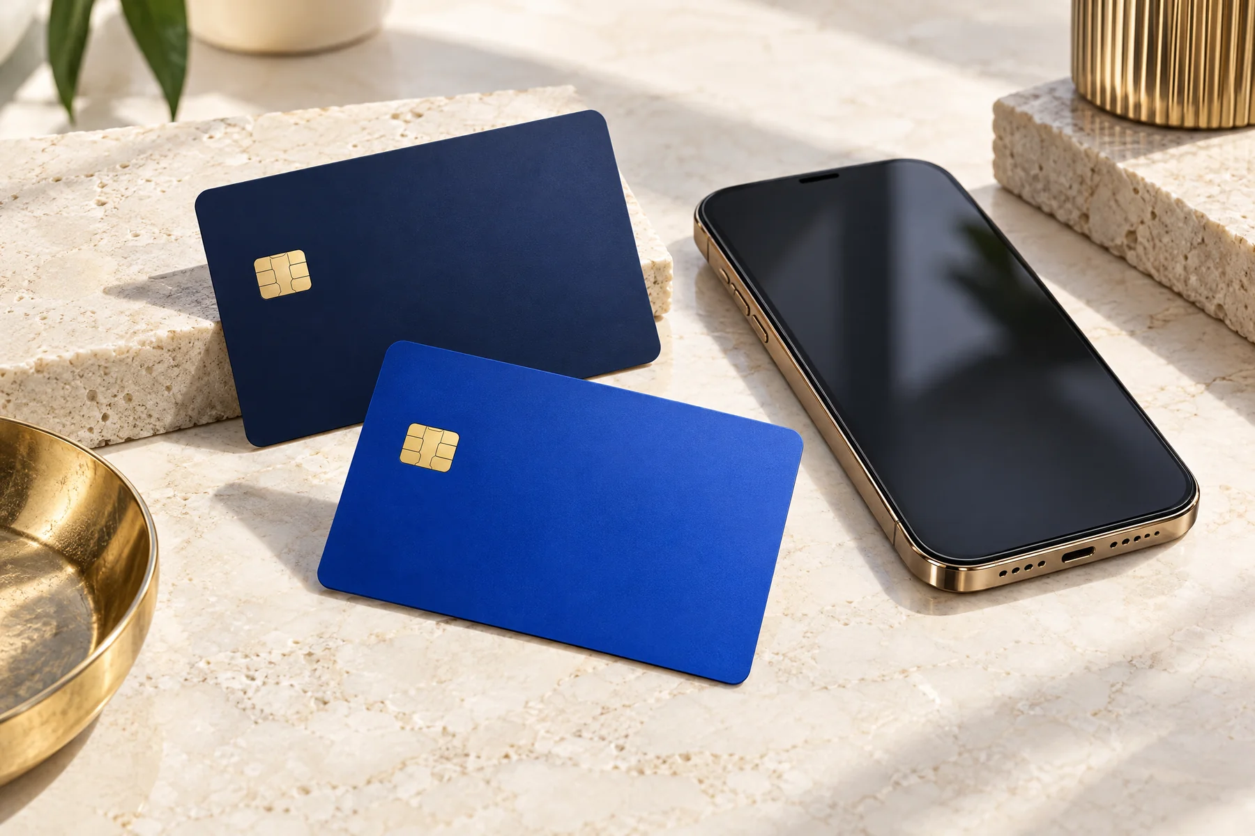 Personal and business payment cards arranged beside a smartphone