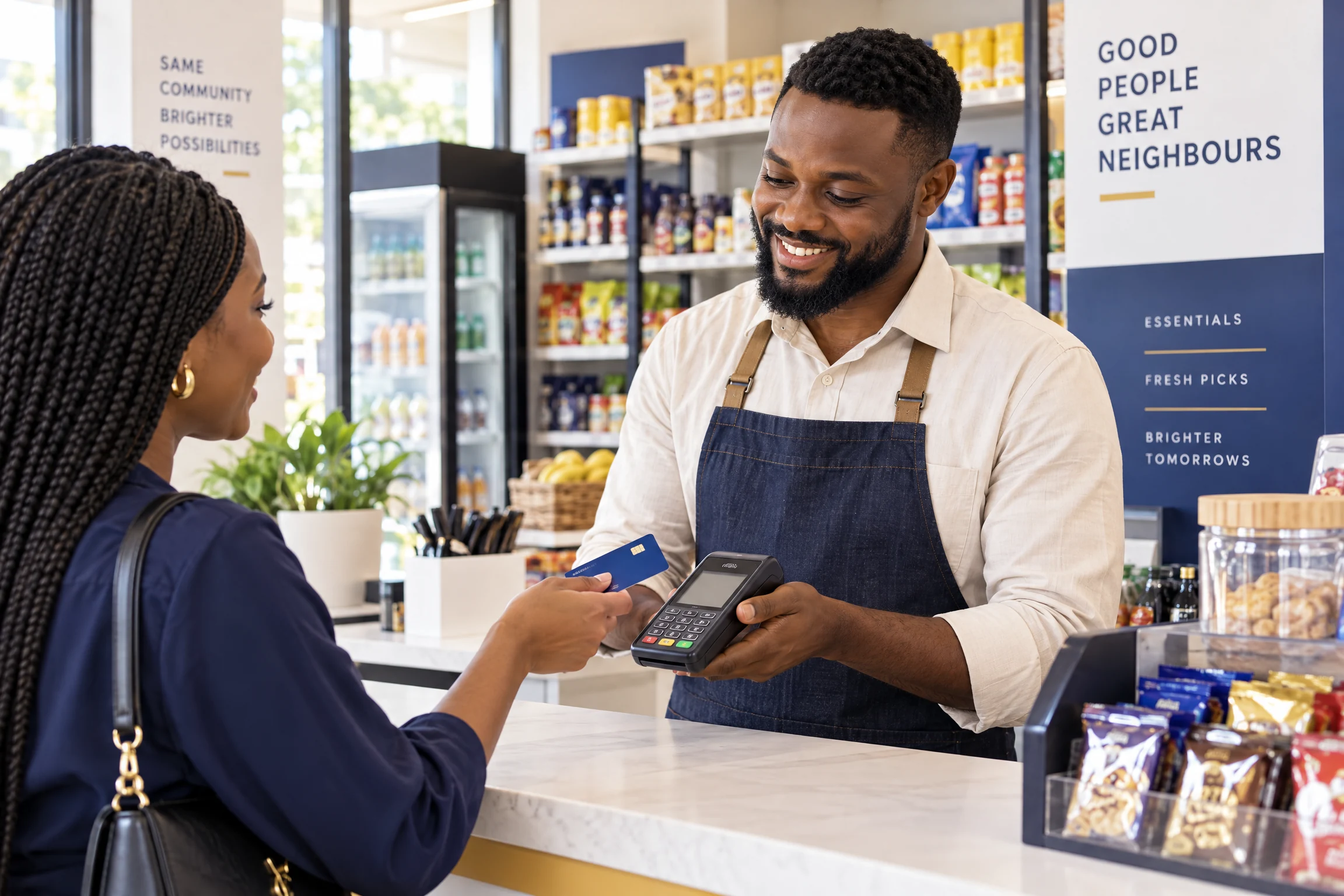 Nigerian shopkeeper accepting a payment with a dedicated handheld POS terminal