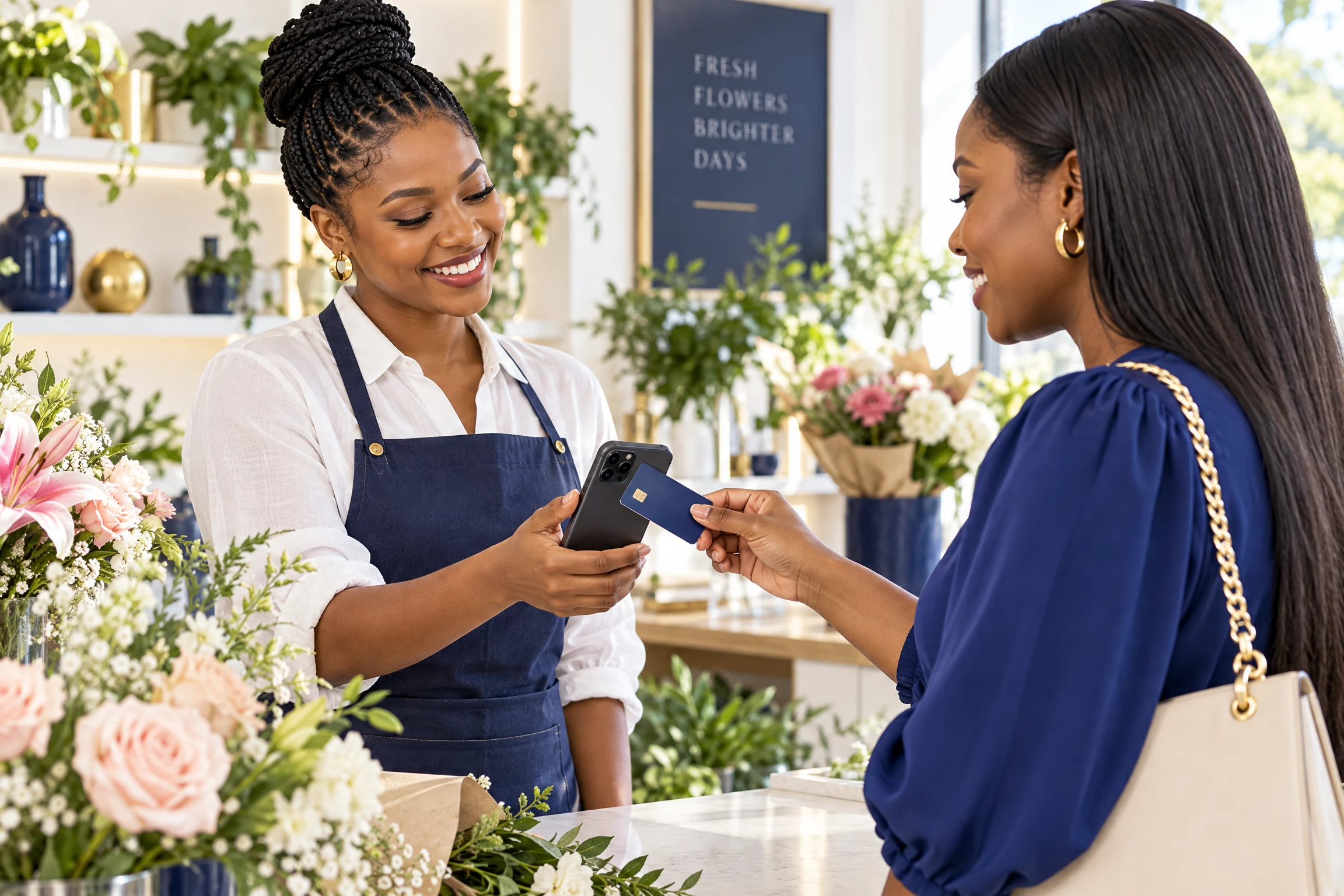 Florist accepting a customer's card with a smartphone used as SoftPOS